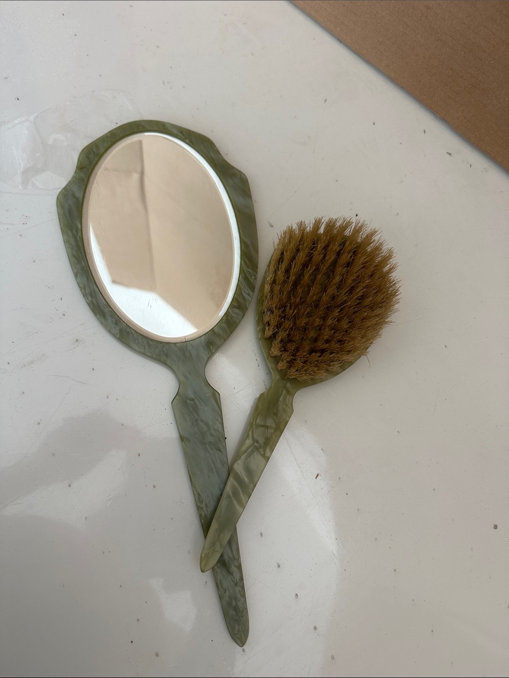 Vintage-Olive Green Hand Mirror and Brush Set